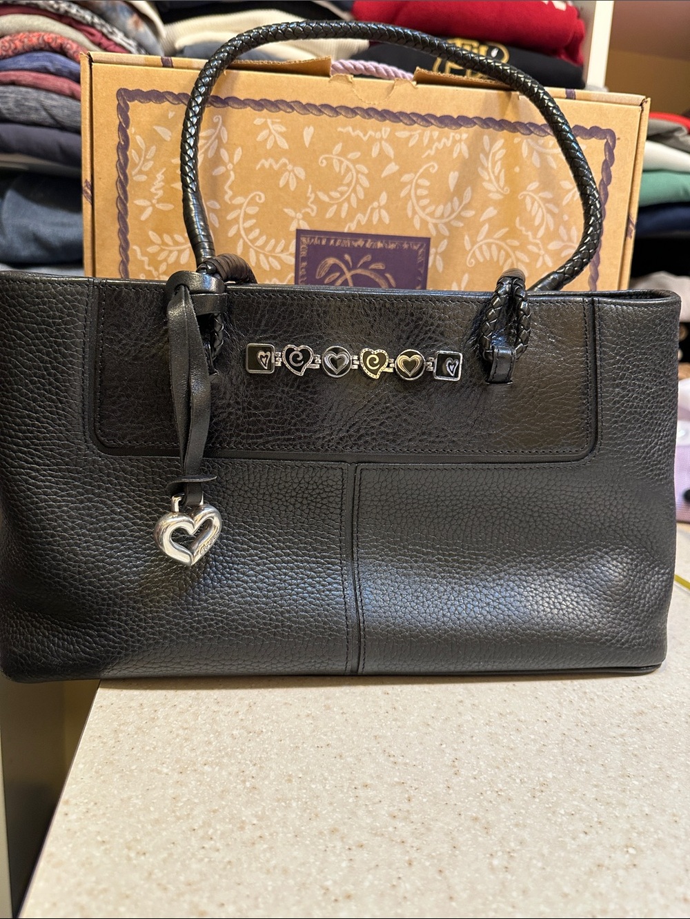 Brighton Black Leather Tote with Heart Charm - Designer Style